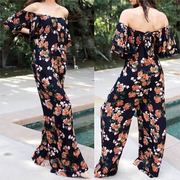 Off shoulder Floral Print Jumpsuit black - Picture 1 of 5